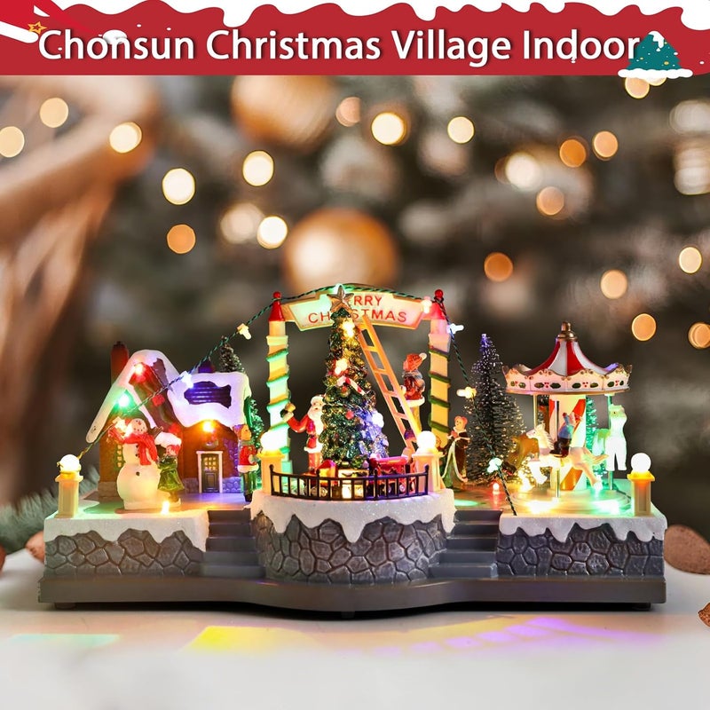 CHONSUN Christmas Village House 6.9 Inch Christmas Decorations Moving Train Carousel USB/3AA Batteries Holiday Snowman Music Village Indoor Lighted Figurines for Room Tabletop Decor - Image 4